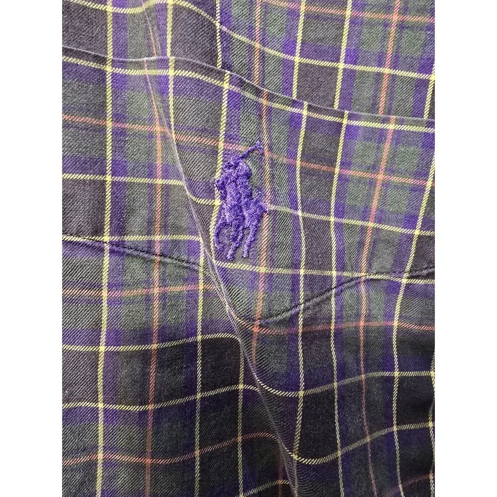 Ralph Lauren Mens L Shirt Brown Purple Check Striped Classic Casual Purple Pony